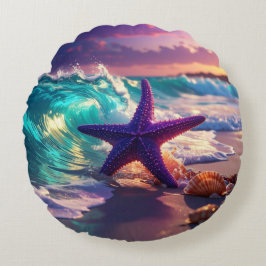 Ozeanstrand mit violettem Seestern Rundes Kissen