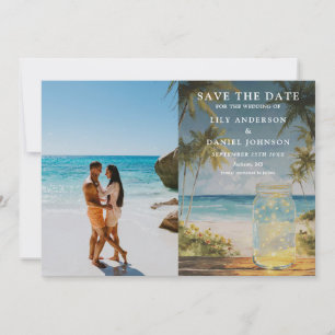 Ozeanstrand Palmen Mason Glas Hochzeitsfoto Save The Date