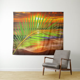 Ozeanstrand und Sonnenuntergang mit Palmblatt - Mo Wandteppich