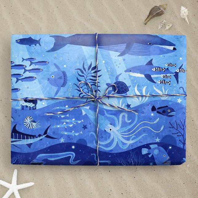Ozeantiefenzonen - Unterwassertiere L Geschenkpapier (Ocean Depth Zones - Undersea Animals L wrapping paper gift mockup)
