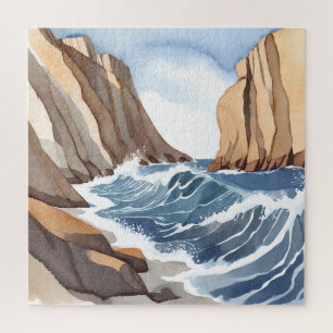 Ozeanwellen brechen Küstenstrand Aquarell