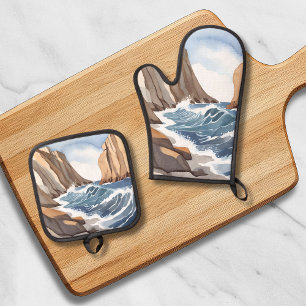 Ozeanwellen brechen   Küstenstrand Aquarell Ofenhandschuh & Topflappen-Set