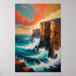 Ozeanwellen, die gegen Klippen stürzen, Küstenkuns Poster