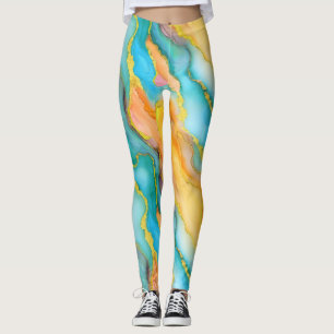 Ozeanwellen in Türkis und Gelb-Orange-Muster Leggings
