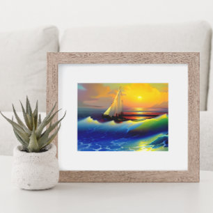 Ozeanwellen, Segelboot und Sonnenuntergangsreflexi Poster