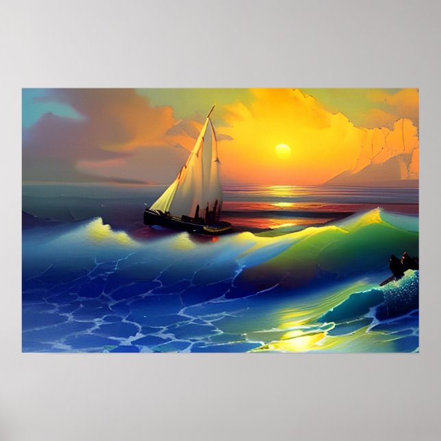 Ozeanwellen, Segelboote und Sonnenuntergänge Poster (Vorne)