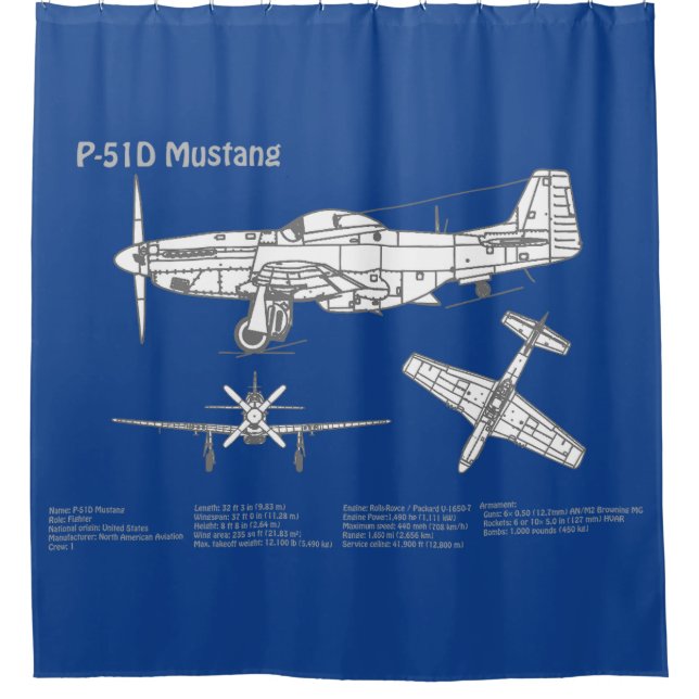 P-51D Mustang - Flugzeug-Blueprint ABD Duschvorhang (Vorderseite)