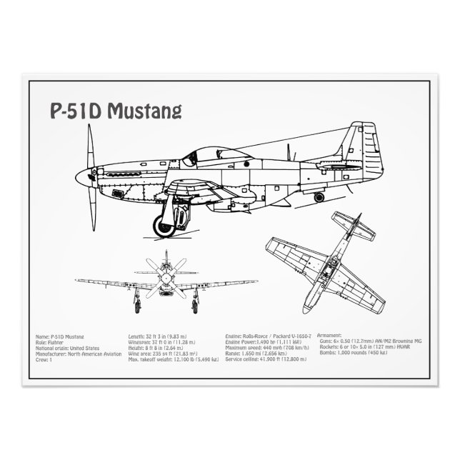 P-51D Mustang - Flugzeug-Blueprint BD Fotodruck (Vorne)