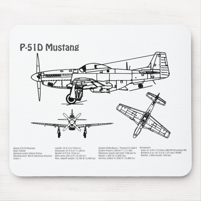 P-51D Mustang - Flugzeug-Blueprint BD Mousepad (Vorne)