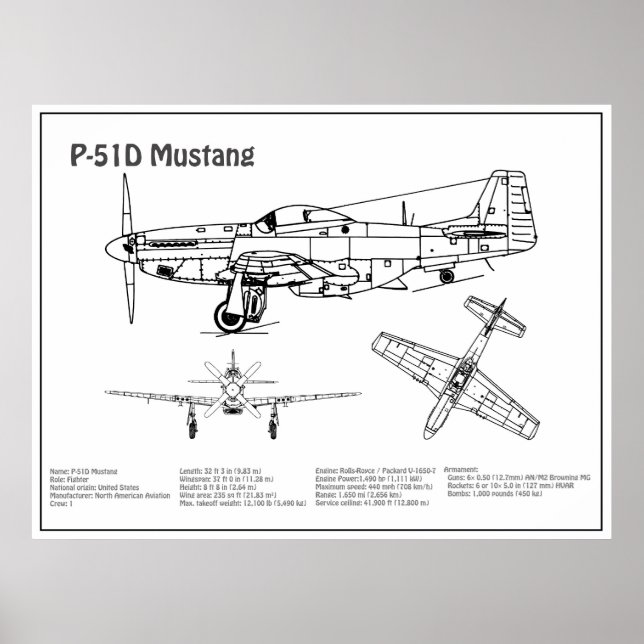 P-51D Mustang - Flugzeug-Blueprint BD Poster (Vorne)