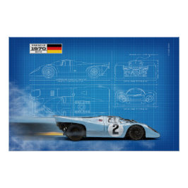 P 917 Blue and Orange Blueprint Poster