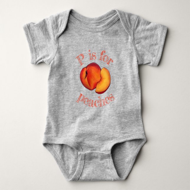 P ist für Peach Peaches Reif Sommerstein Obst Baby Strampler (Vorderseite)