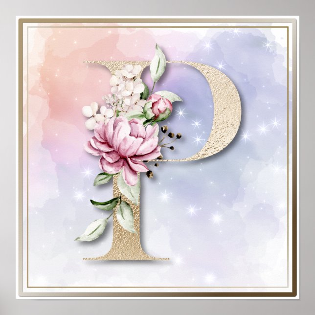P Monogram Burgundy Floral Poster (Vorne)