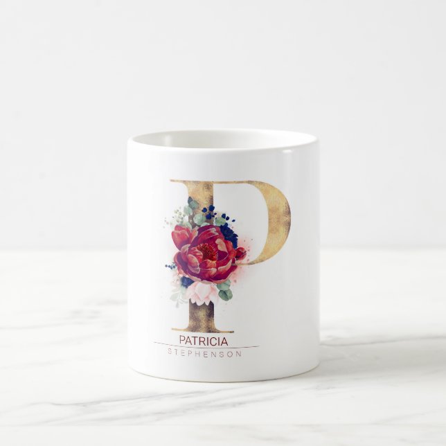 P Monogram Floral Burgund Red and Navy Blue Kaffeetasse (Mittel)