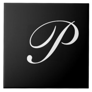 P Monogram Initial White auf Schwarz Fliese