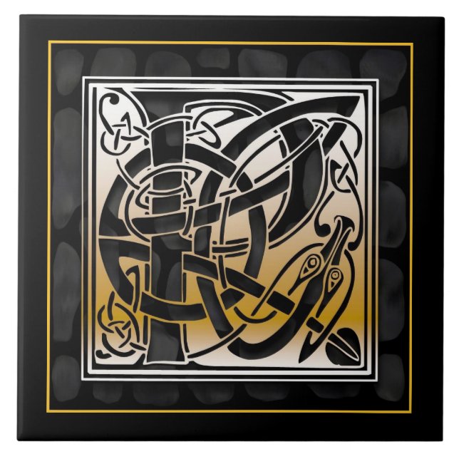 P Monogramm Keltische Keramik aus schwarzem Stein Fliese (Vorderseite)