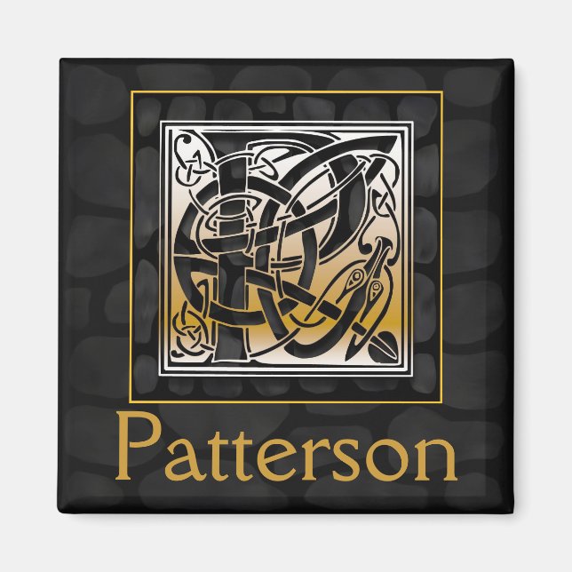 P Name Monogram "Celtic Black Stone" Square Magnet (Vorne)