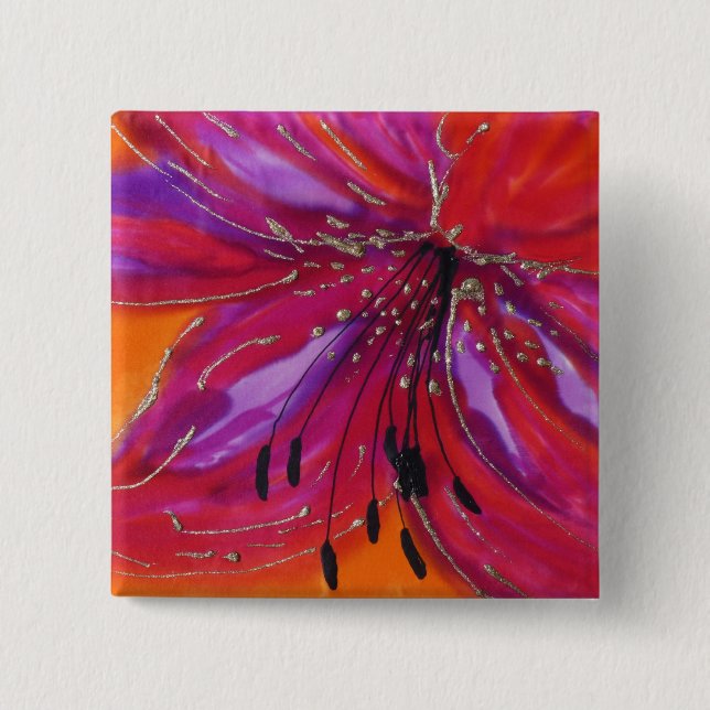 © P Wherrell Kunstlilie gemalt auf Seide Button (Vorderseite)
