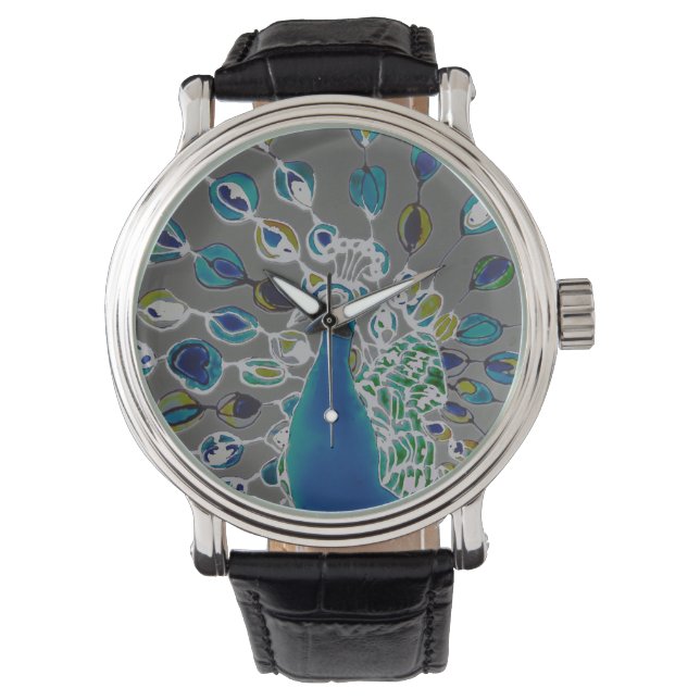 © P Wherrell Zeitgenössischer Impressionist Pfau Armbanduhr (Vorderseite)