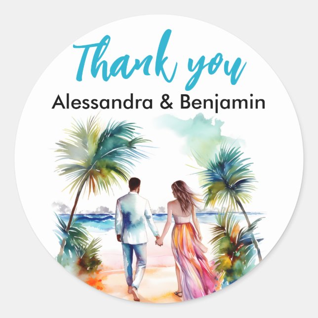 Paar am Strand Hochzeitswasser | Geschenke Runder Aufkleber (Vorderseite)