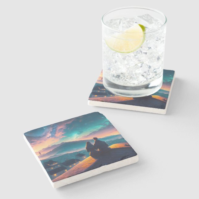 Paar auf dem Dach Steinuntersetzer (Seitenansicht)