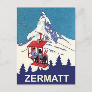 Paar auf einem Skilift in Zermatt, Jahrgang Reise Postkarte