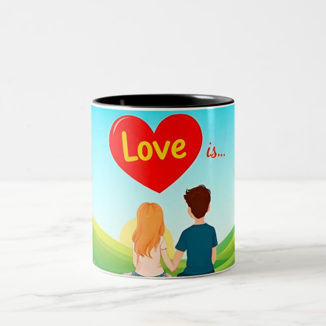 Paar auf einer Bank mit Liebe Titel Zweifarbige Tasse (Mittel)