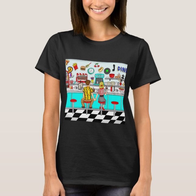 Paar aus den 1950er Jahren hält Händchen im Diner T-Shirt (Vorderseite)