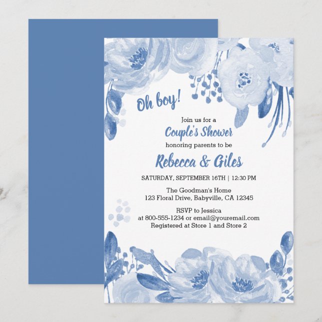 Paar Babydusche Dusty Blue Floral Watercolor Einladung (Vorne/Hinten)