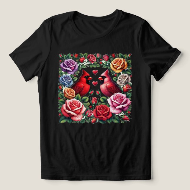 Paar der Kardinal Amid Vibrant Rose Tri-Blend Shirt (Design Vorderseite)