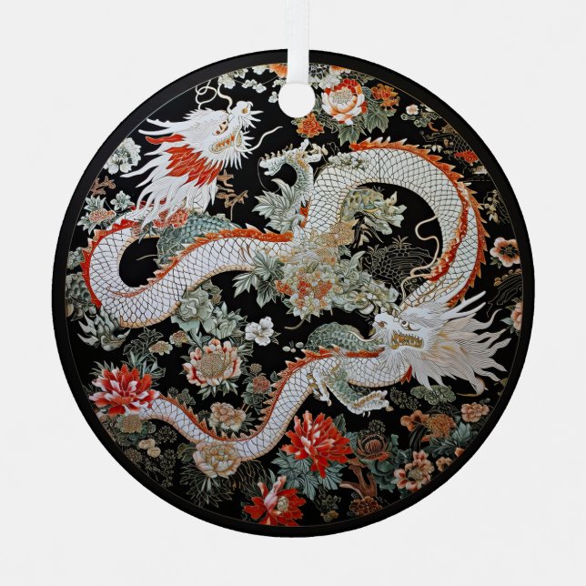 Paar der weißasiatischen Drachen Ornament Aus Metall (Vorderseite)