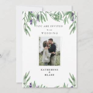 Paar-Foto-Lavendel-Blattwerk Moderne Hochzeitseinl Einladung