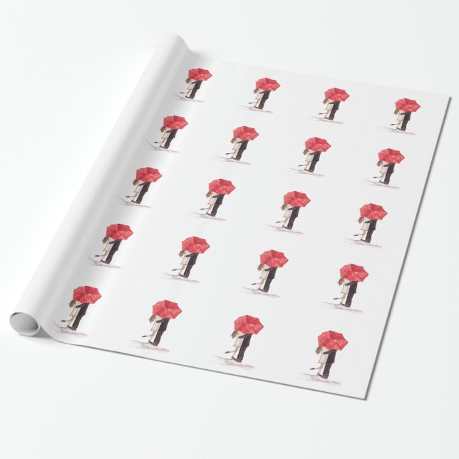 Paar in Liebe unter rotem Regenschirm Aquarell Chi Geschenkpapier (Ungerollt)