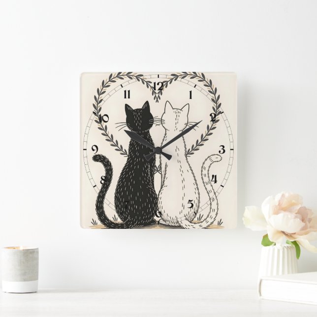 Paar Katzen in Liebe mit Blumenkohl Quadratische Wanduhr (Zuhause)