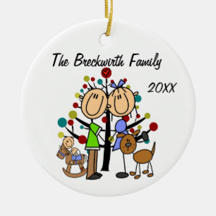 Paar mit Kleinkinderjunge und braune Hundeverzieru Keramik Ornament
