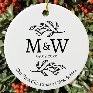 Paar-Monogramm-Hochzeit erstes Weihnachten Frau & Keramik Ornament