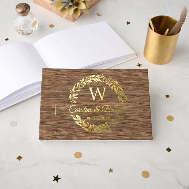 Paar Namen Hochzeitdatum Laurel Wreath Gold Gästebuch (Vorderseite Offen)