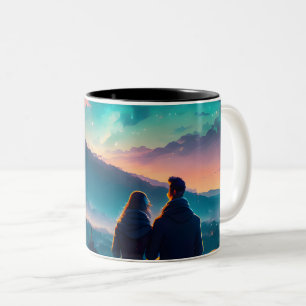 Paar sitzt auf dem Dach Zweifarbige Tasse