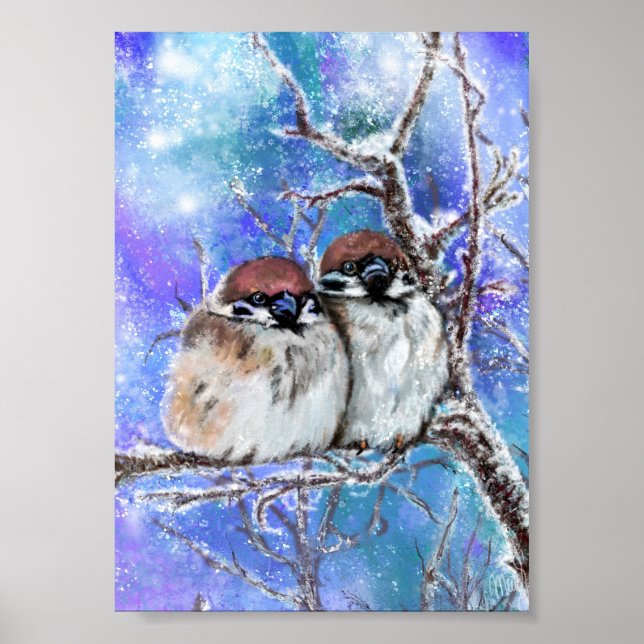 Paar Sparrow in Winterposter Poster (Vorne)