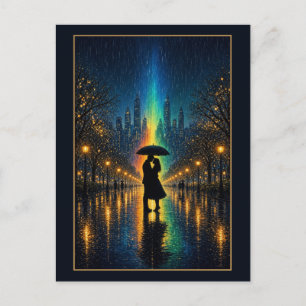 Paar unter einem Regenschirm auf einem beleuchtete Postkarte