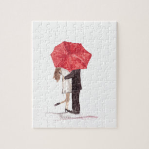 Paar verliebt unter rotem Regenschirm Puzzle