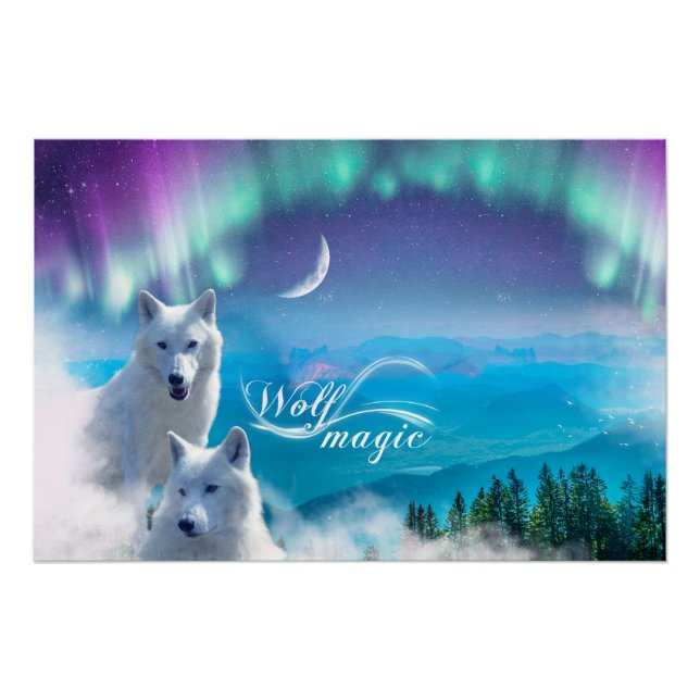 Paar weißer Wölfe mit Nordlicht Poster (Vorderseite)