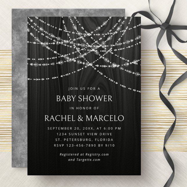 Paare Baby Dusche String Lights Black Rustic Einladung (Von Creator hochgeladen)