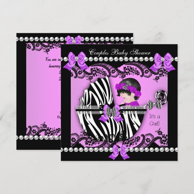 Paare Babydusche Girl Zebra Lila Einladung (Vorne/Hinten)