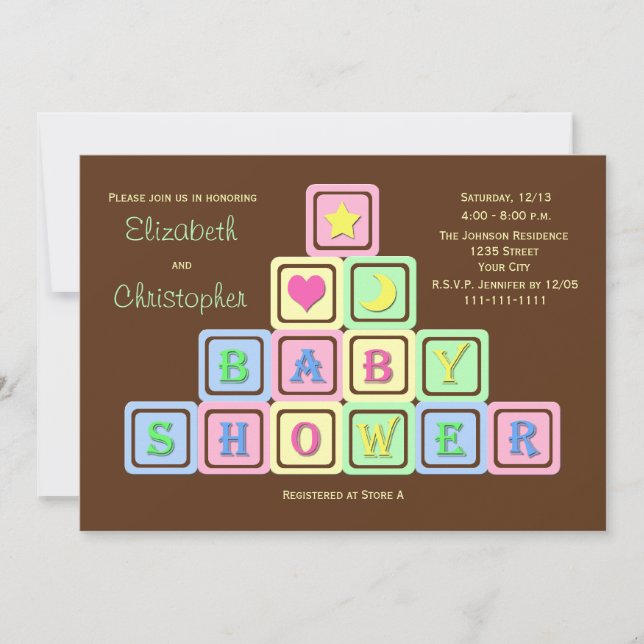 Paare Coed Baby Shower Einladung Baby Blocks (Vorderseite)