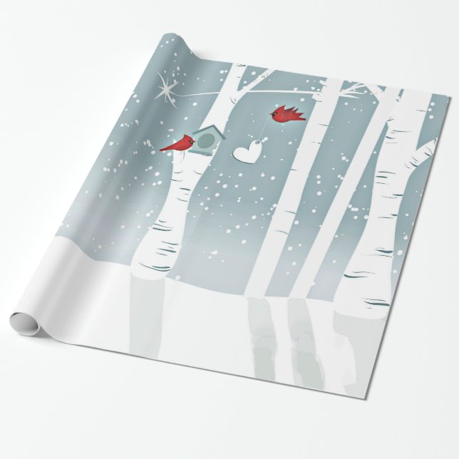 Paare der roten Kardinals-Vögel in Snowy-Holz Geschenkpapier (Ungerollt)