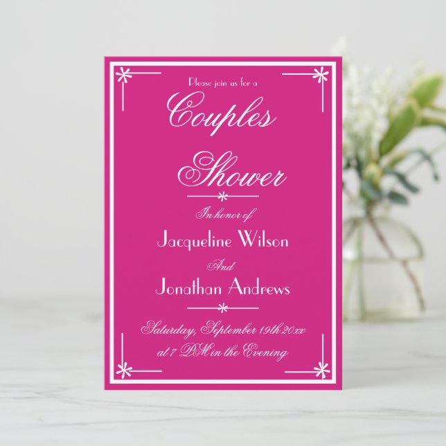 Paare Dusche Chic Script Namen Elegant Magenta Einladung (Stehend Vorderseite)