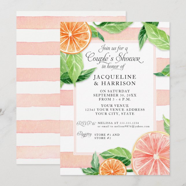 Paare Dusche Citrus Pink Grapefruit Wasserfarbe Einladung (Vorne/Hinten)