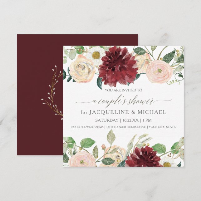 Paare Dusche Fall Chrysanthemum Marsala Rose Einladung (Vorne/Hinten)