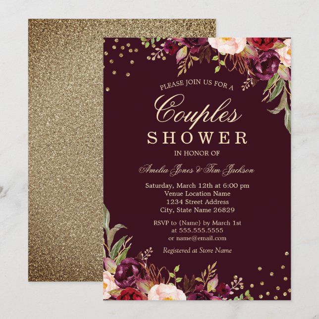 Paare Dusche Gold Burgund Blumensparkle Einladung (Vorne/Hinten)